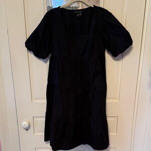 Black Tiered Midi Dress with Puff Sleeves